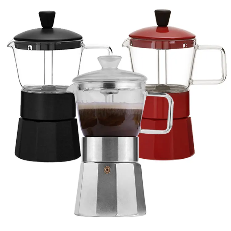 

Food grade Eco-friendly Pyrex Glass And Aluminum italian moka stove top espresso coffee pot manual coffee maker