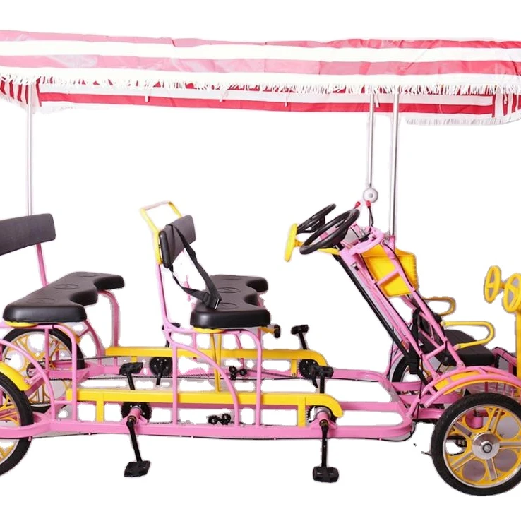 

Commercial 4 Wheels Surrey Bike for Tourist Sightseeing Car with Soft Leather Saddle Tandem Bike in Bicycle, Customized
