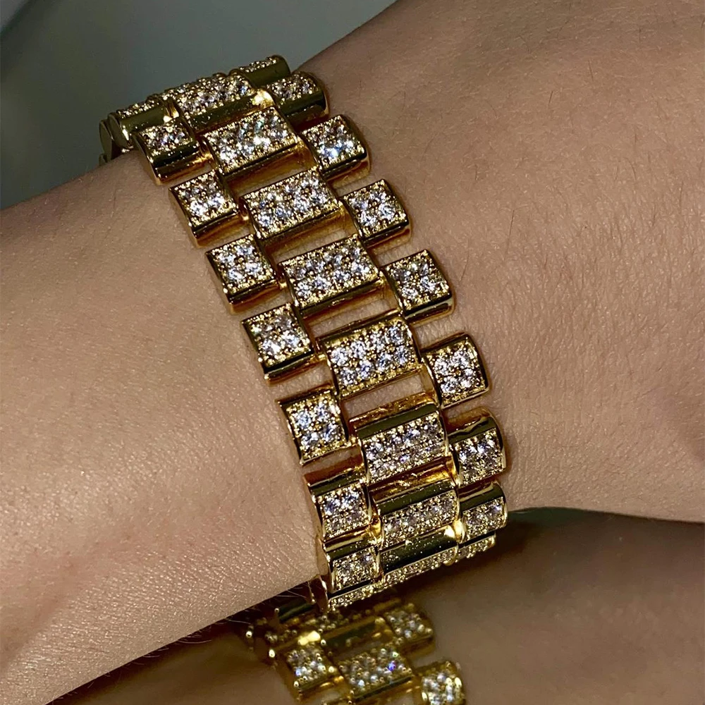 

50% Discount 2021 Hip Hop Iced Out Watch Band Bracelet Unisex Gold Plated Cz Bling Bracelets Wholesale Rapper jewelry