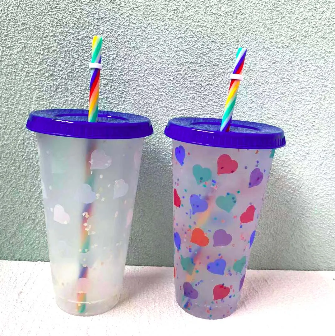 

16oz 24oz DIY sticker cold gift sets color reusable colour changing hard plastic straws cups with lids, Pastel/ translucent