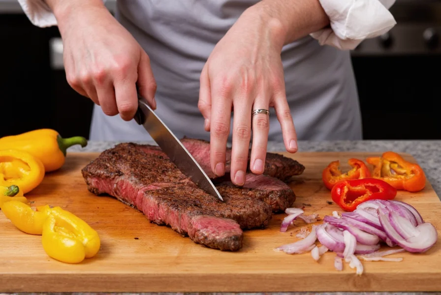 Professional chef slicing flank steak against the grain for pepper steak recipe with fresh bell peppers and onions arranged neatly on cutting board