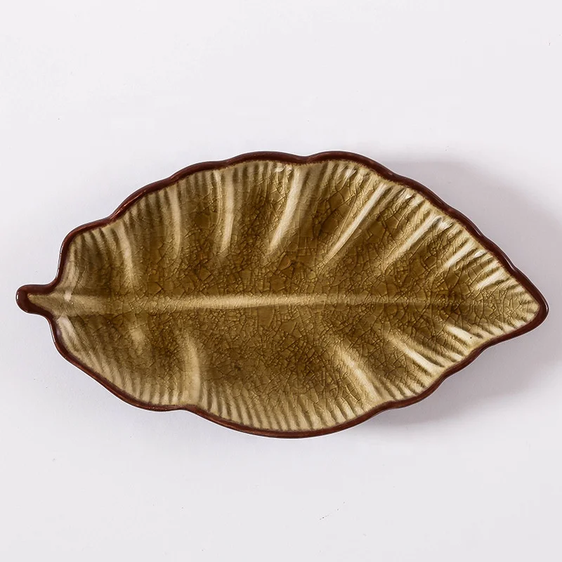 

Japanese Style Ice Crack Color Glazed Leaf Shaped Ceramic Sauce Dish 7" Seasoning Soy Dish Plate