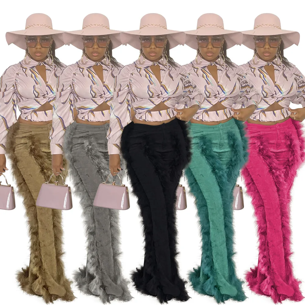 

ML-9078 Autumn And Winter New Style Corduroy Frayed Solid Color Flared Pants Women'S Official Trousers