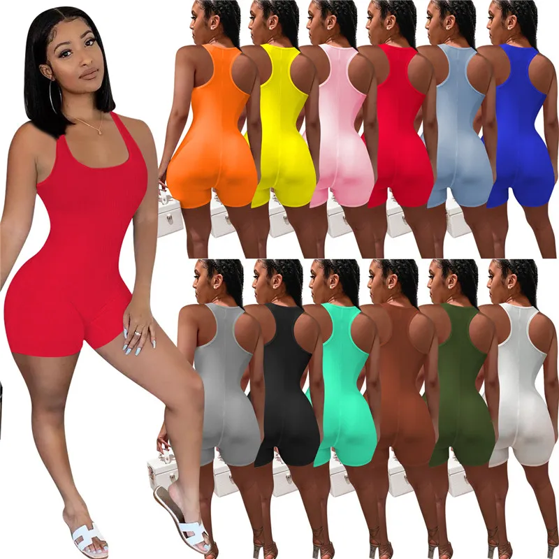 

Sexy Slim Rib Knit Women Short Jumpsuit Female Sleeveless Romper Plus Size Bodycon O-Neck Playsuit Solid Color Casual Jumpsuit, White yellow red gray black pink green coffee orange blue