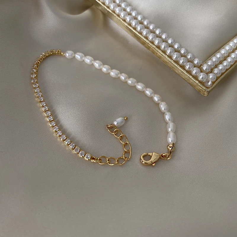 

Dainty Beaded Natural Freshwater Pearl Tennis Chain Bracelet Mix 18K Gold Plated Bracelets Women Vintage Elegant Jewelry 2021