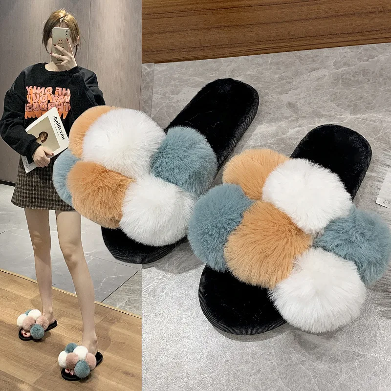 

2021 Fur Slippers Women Europe And The United States Home Fashion Slippers Winter Outdoor Slippers, As photo show
