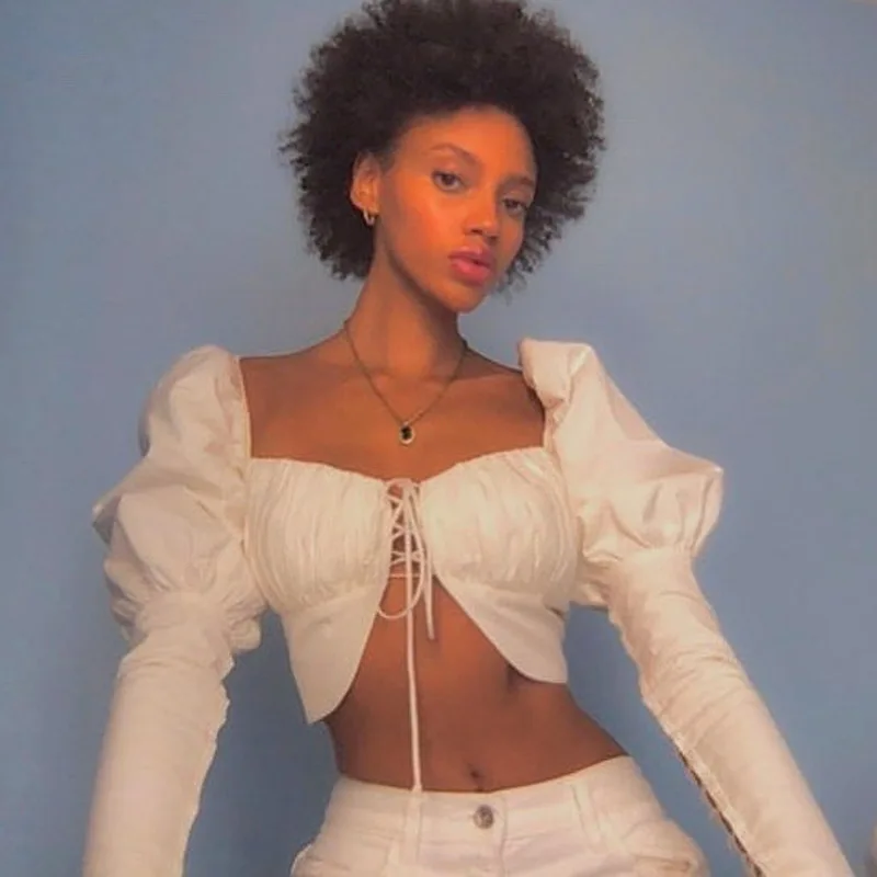 

2020 new arrival autumn collection hot selling square collar lantern sleeve ladies fashion crop tops