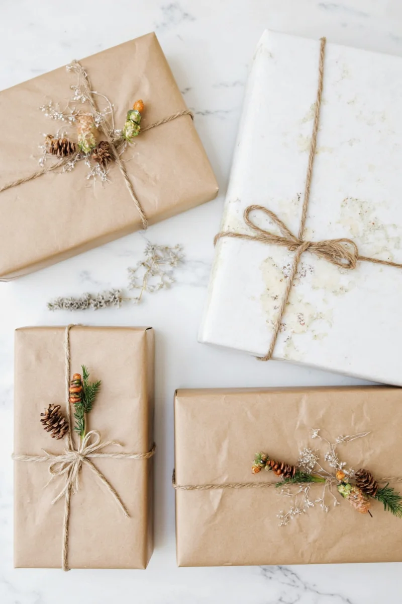 Creative ways to wrap gifts with chalk, stamps, and washi tape on brown paper