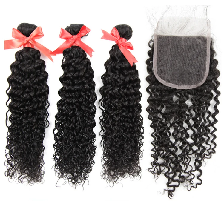 

Bohemian Curly Bundles With 4*4 Lace Closure Brazilian Hair Weave Bundles Remy Human Hair 3 Bundles Natural Black 8-28 inch