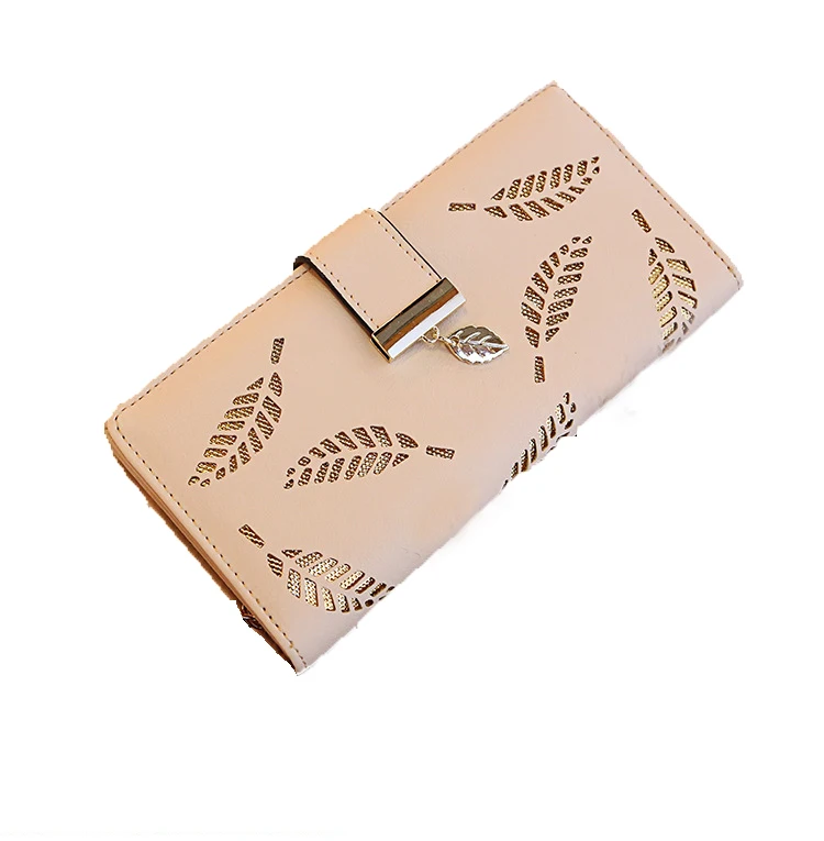 

MW005 New arrive pu leather zipper long hollow out leaf ladies clutch bags women clutch wallets