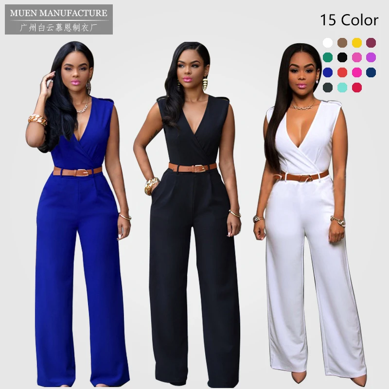 

M0327-2020 summer new arrival soild jumpsuit for lady v neck sleeveless jumpsuit