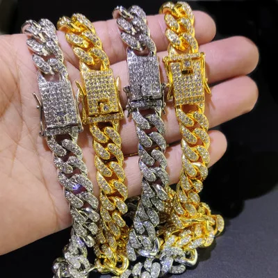 

2020 Hot Sale Gold Plated Rock Chain Necklaces With Bling Crystal Cuban Chain Hip Hop Necklaces For Men's Jewelry