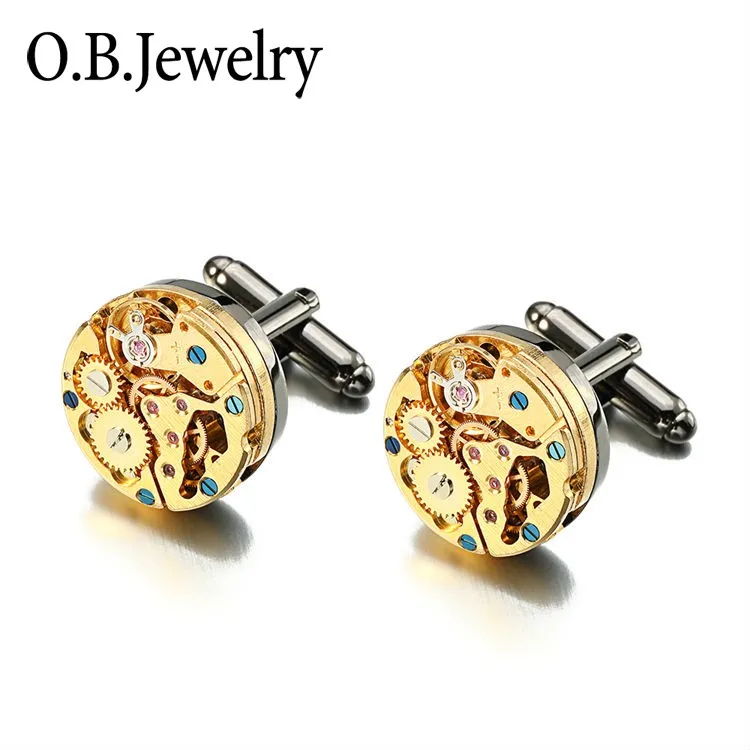

OB Men Jewelry Cufflinks Factory Gold Watch Movement Cufflinks for movable Steampunk Gear Watch Mechanism Cuff links Wholesale, Silver/black/gold
