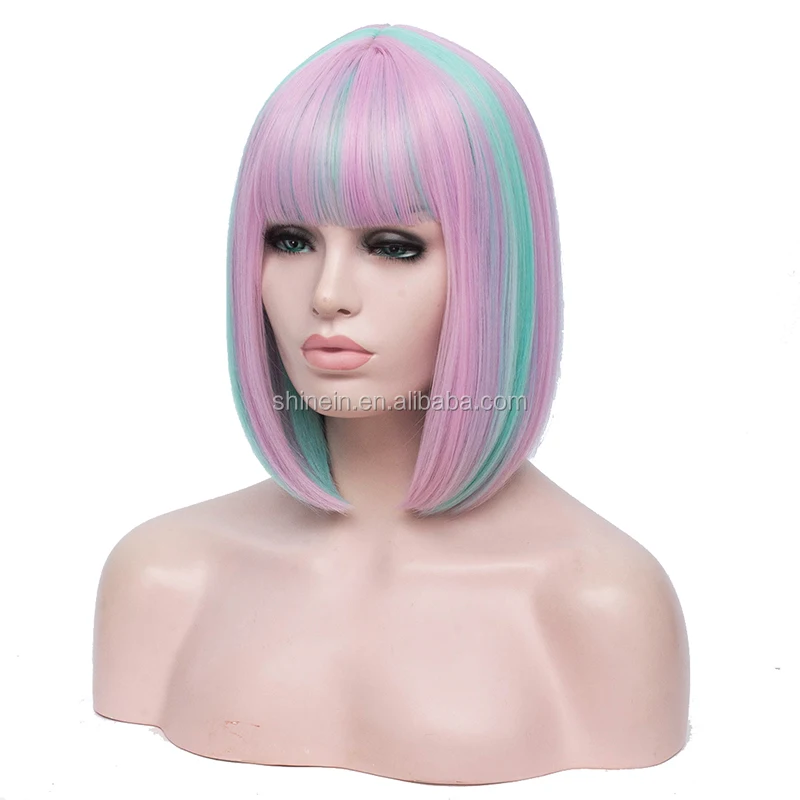 

Women's Costume Cosplay Heat Resistant Synthetic Short Wig Rainbow Colorful Straight Bob Wig, As per picture