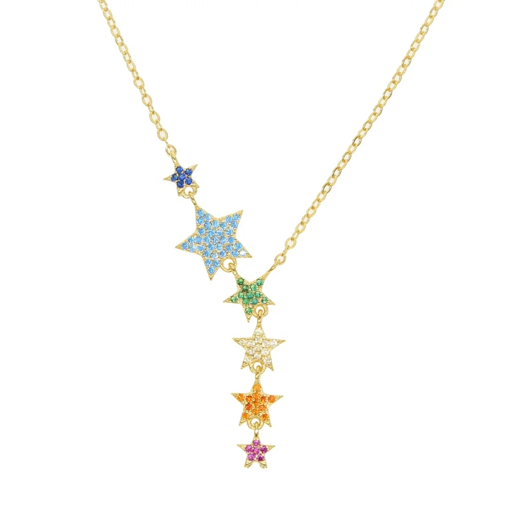 

Wholesale new Rainbow cz pave 6 pcs star charm pendant Y shape necklace for women lady wedding gold color layer necklace jewelry