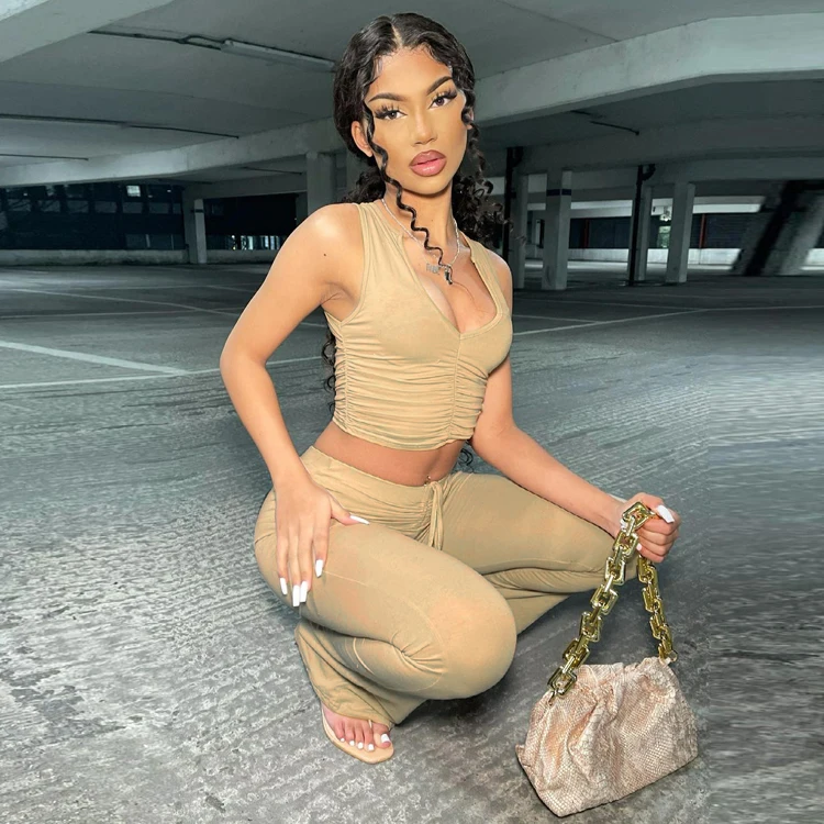 

E-Girls Fashion Clothes 2021 Summer Khaki Sleeveless Crop Top Pants Set Drawstring Bodycon Yoga Two Piece Set Women Clothing