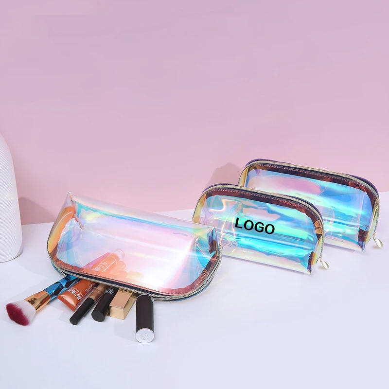 

2022 New Custom logo laser rainbow hologram iridescent transparent bag clear PVC makeup pouch cosmetic bag, Customized color