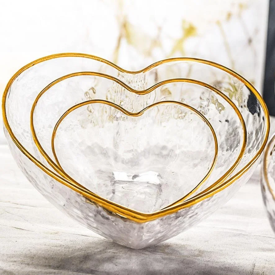 

Factory hand made high end gift order fancy heart shape decorative salad dish hammer glass dessert bowl with gold rim, Clear