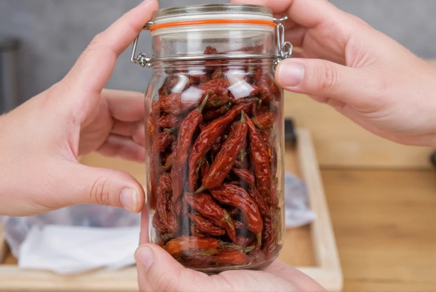 Ancho pepper storage demonstration showing dried peppers in glass jar with tight-fitting lid