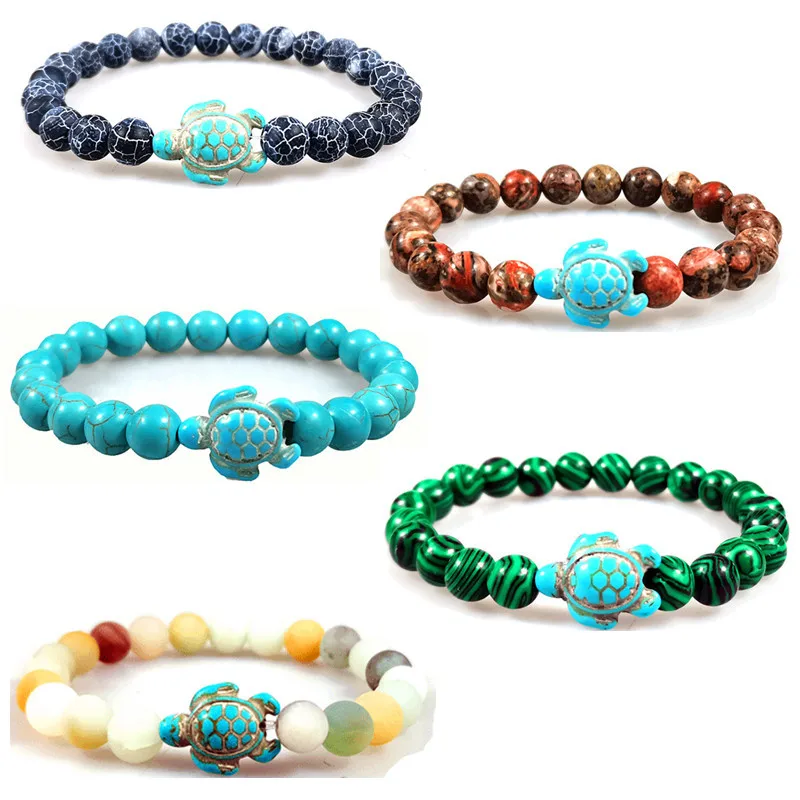 

Hot selling natural black frosted green peacock stone hand string fashion men's and women's tortoise elastic bracelet