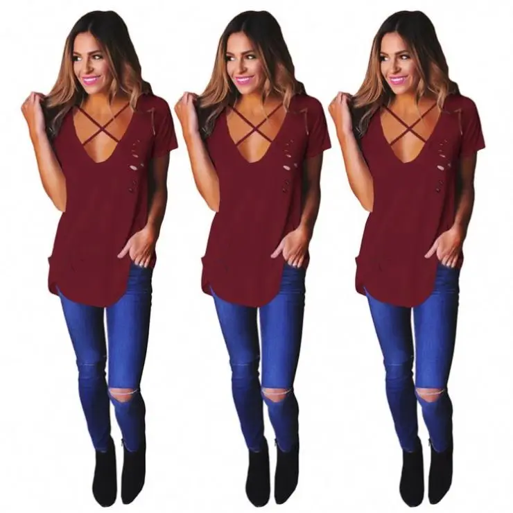

PEARL High Quality Casual Solid Color Short Sleeve Tops Women Cross V Neck Torn Burn Out Cotton T Shirt Tops