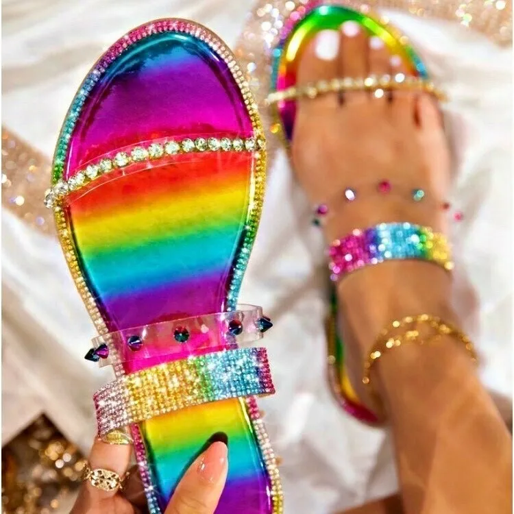 

Latest 2021 Summer glitter Shining Diamond Women Rivet Sandals Flat Shoes ladies slides slippers (Size, Customized color