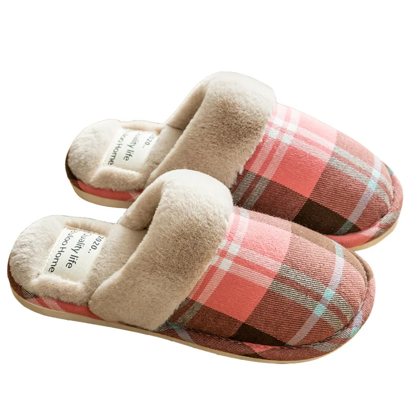 

Simple plaid slippers ladies autumn and winter household daily warm floor slippers indoor non-slip thick sole and velvet slipper