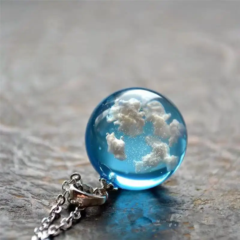 

Glow in the dark Resin Ball Bead Blue Sky and White Clouds Pendant Necklace Link Chain Novel Design Necklace for Women
