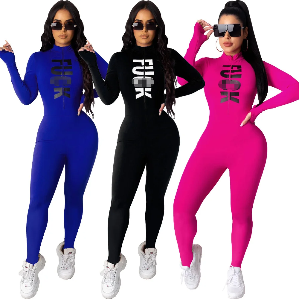 

2022 new design women long sleeve bodysuit sexy tight letter print one piece jumpsuits women clothing, Different color