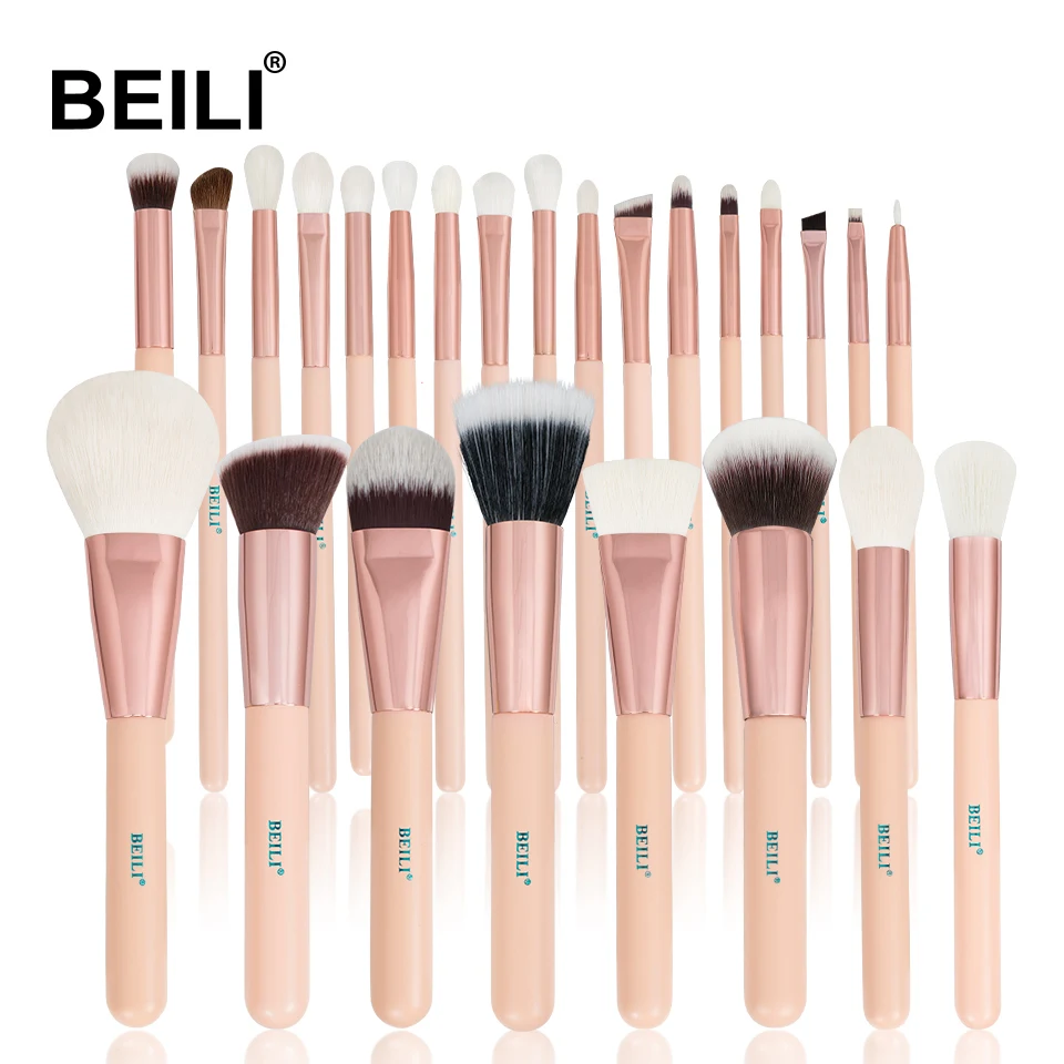 

BEILI Pink 25 pieces Natural goat pony hair Matte wood handle box packing rose gold make up brushes create your own makeup brush, Pink/rose gold