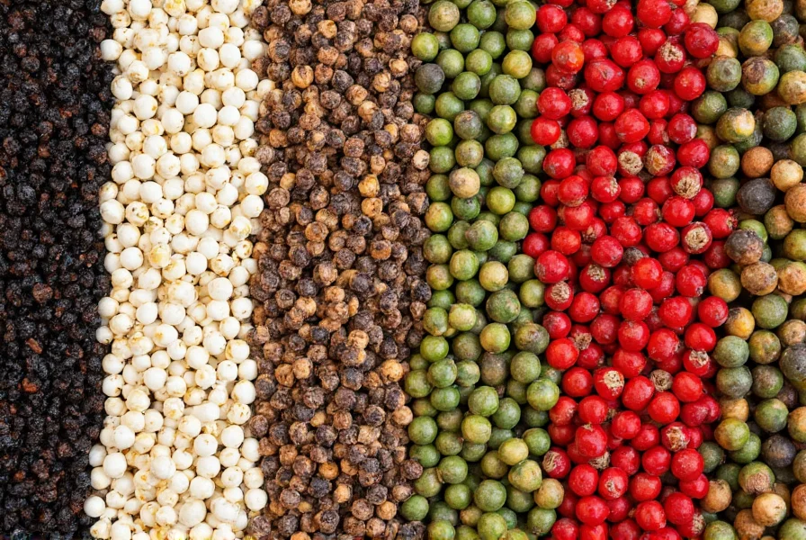 Assortment of different colored peppercorns showing black, white, green, and red varieties