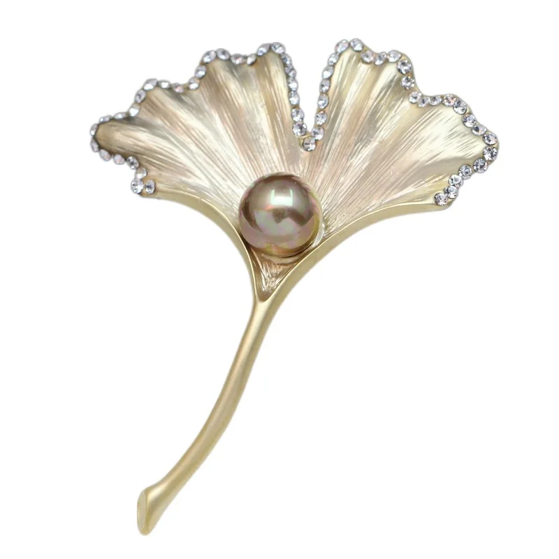 

New Matte Gold Silver Ginkgo Leaf Brooches with Simulated Pearl Angel Wings Rhinestone Brooches for Women Bijoux Brooches