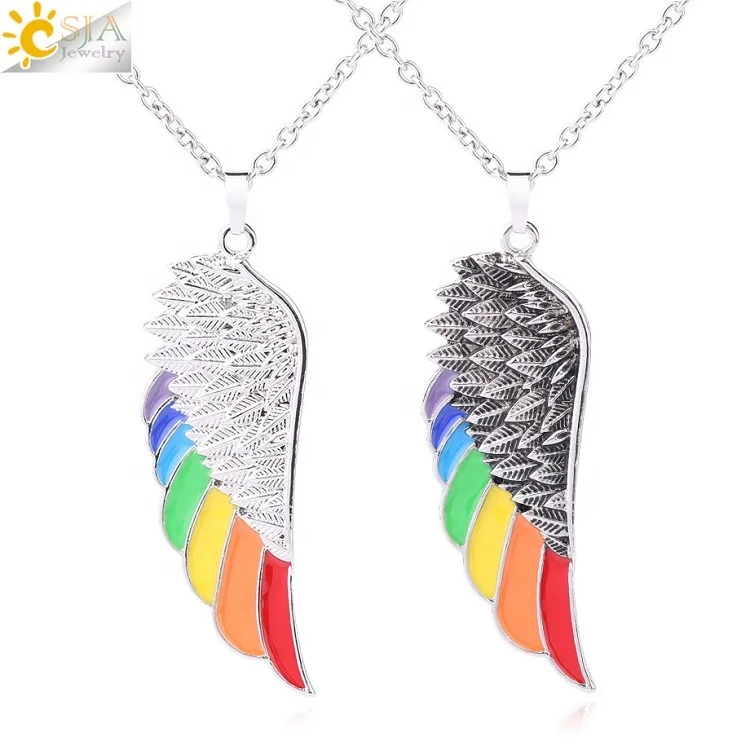 

CSJA newest stainless steel big angel wing pendant for men women rainbow wings necklace pendant european charm jewelry F637