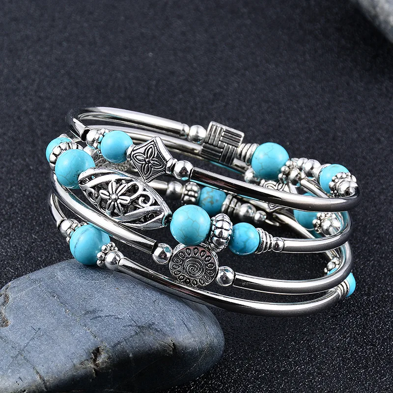 

Natural Turquoise Tiger's Eye Winding Multi-Circle Layered Stone Beading Fashion Jewelry Bracelets For Women
