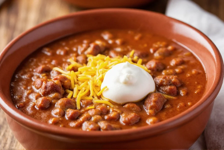 Traditional Wheatland chili served in ceramic bowl with toppings including shredded cheddar cheese and sour cream