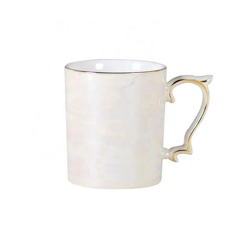 

wholesale white pearl shell glaze gilded ceramic mug with gold gim and handle, Light blue