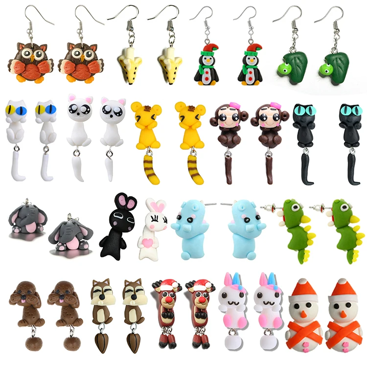 

64 Styles Trendy 1 Pair Handmade Colorful Cartoon Soft Bite 3D Cute Stud Animal Polymer Clay Earring For Women, Picture