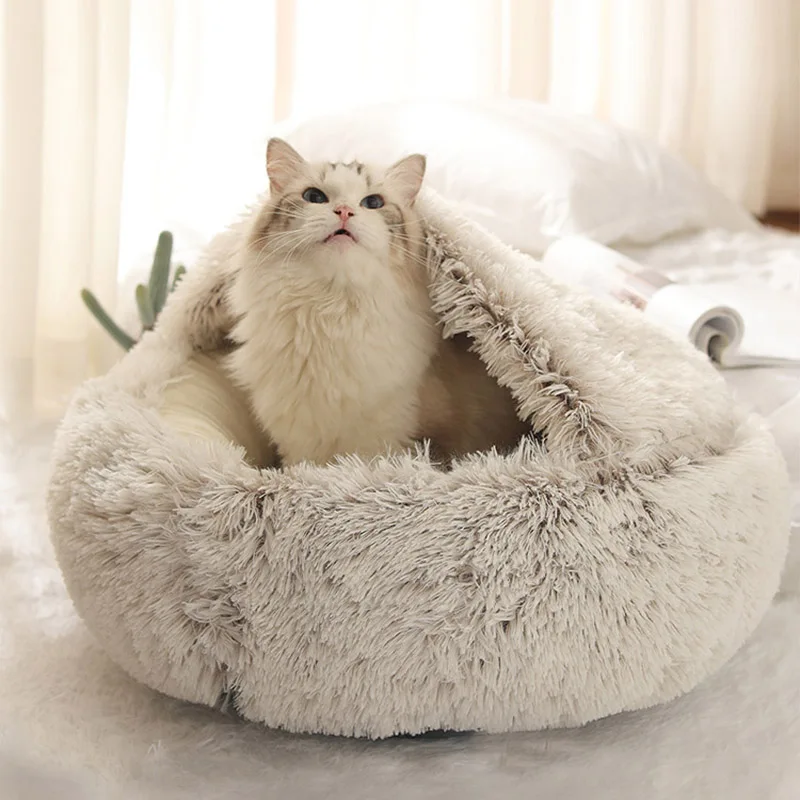 

New Semi Enclosed Nest Deep Sleep Mat Basket Soft Kennel Cat Round Plush Bed, Eight colors