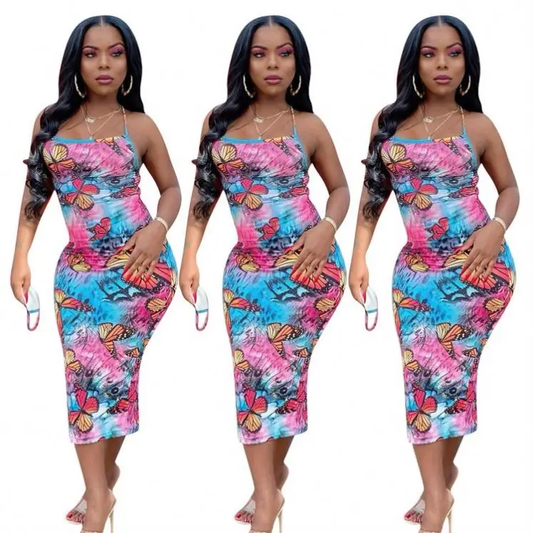 

MISS Fashion 2021 Suspender Butterfly Tie Dye Girl Birthday Woman'S Summer Floral Casual Midi Dress