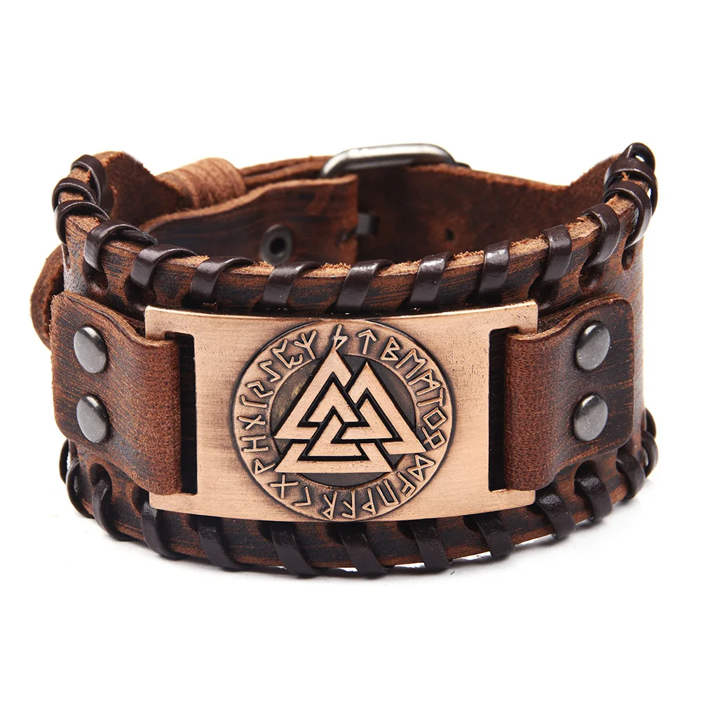 

VRIUA Slavic Norway Valknut Amulet Leather Bracelets Engraved Scandinavian Triangle Viking Bracelets Runes Men Bracelet