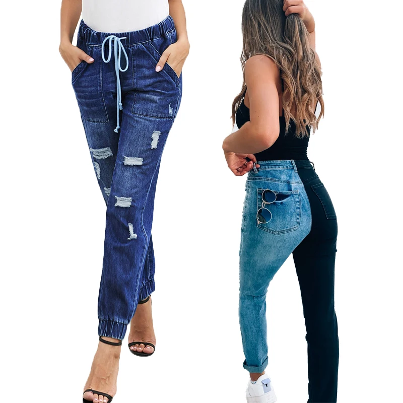 

Wholesale High Quality Blue Distressed Drawstring Pocketed Women Denim Jeans