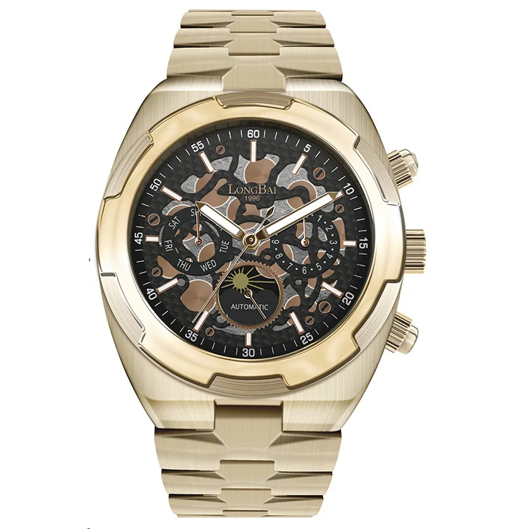 

Longbai Mens Moon Phase Casual Wrist Watch Stainless Steel Skeleton Fashion Waterproof Automatic Watch For Men