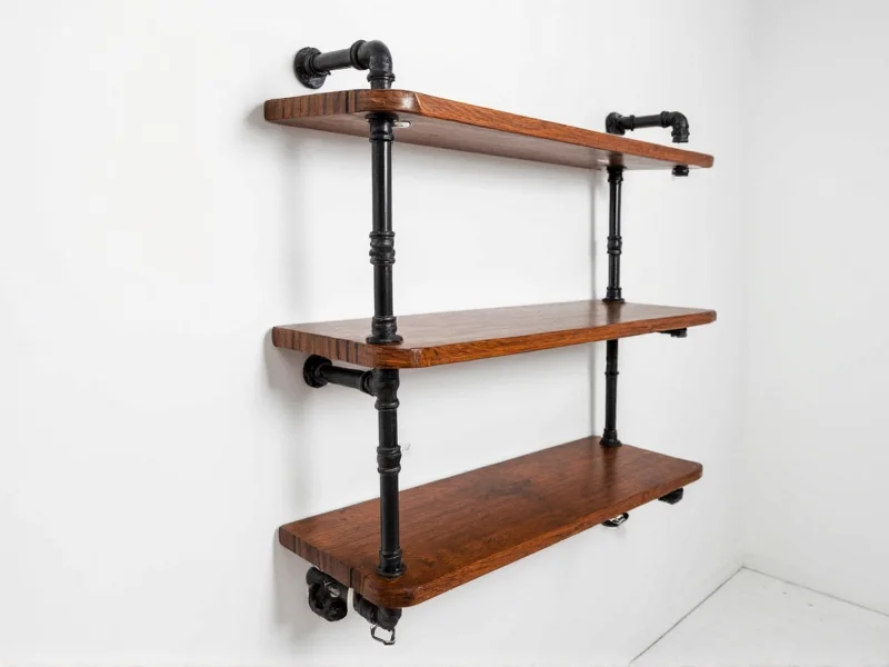 Black pipe bookshelf with walnut shelves