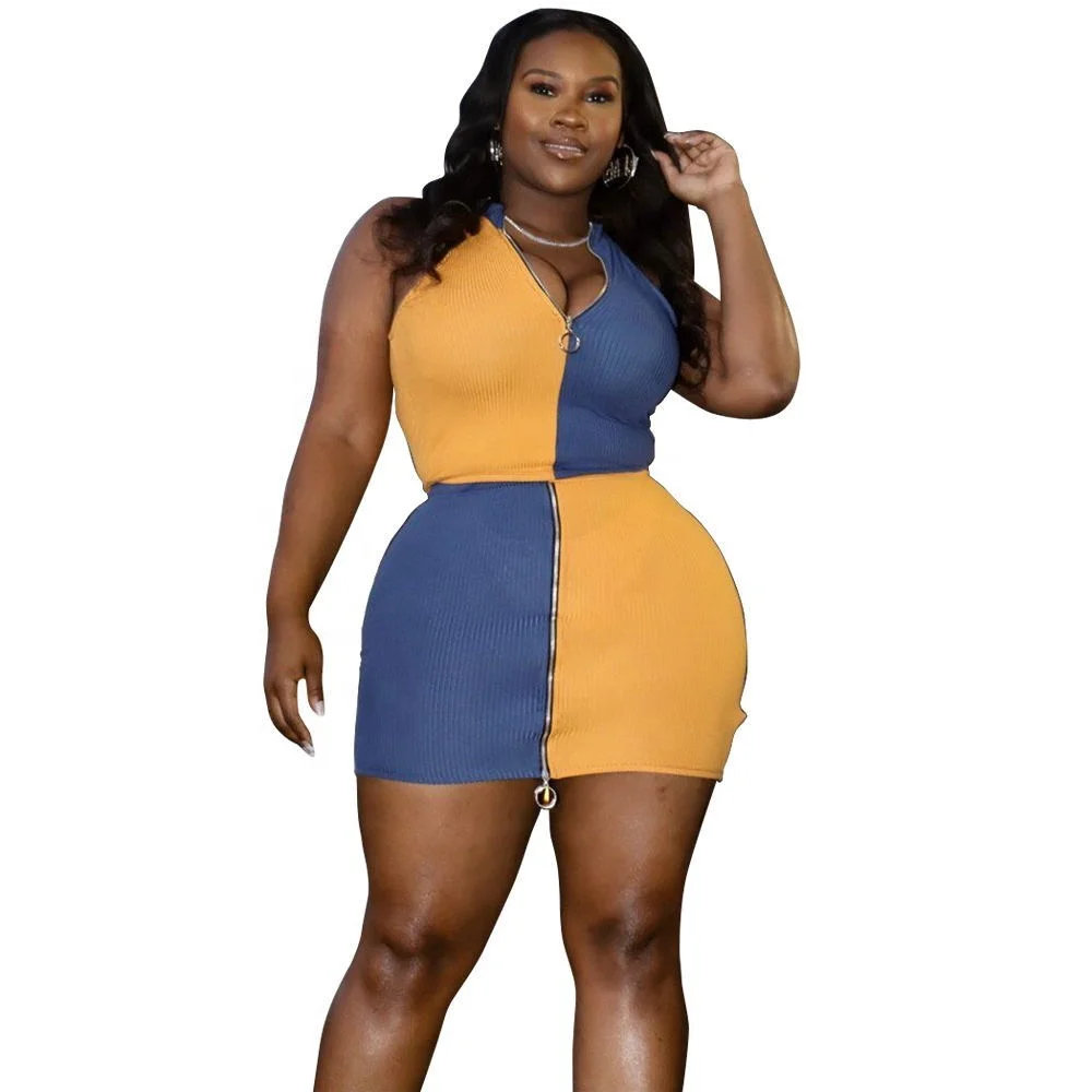 

AI25-6276 New plus-size women's summer fashion spliced zipper sexy two-piece set
