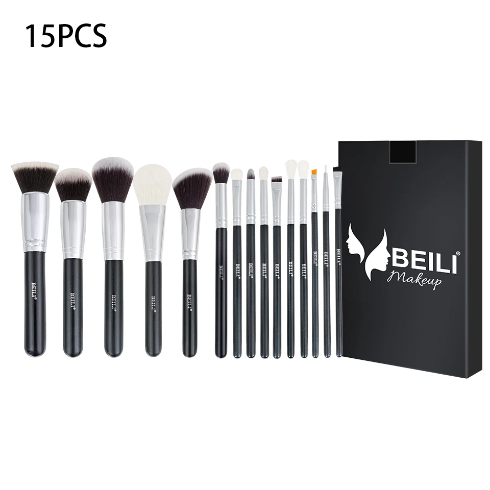 

BEILI Brand Black/Silver Cosmetic Makeup Brushes Set Tool Kit 15pcs Synthetic Hair Material Private Label Make up brushes