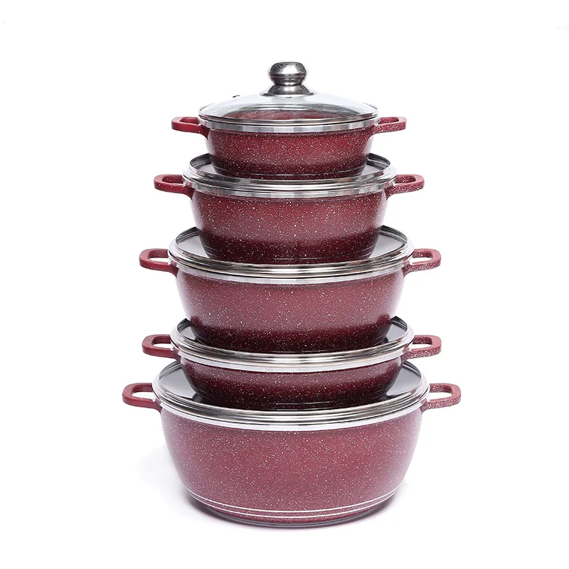 10 Pcs Non Stick Marble Coating Aluminum Soup Cooking Pot Cookware Set