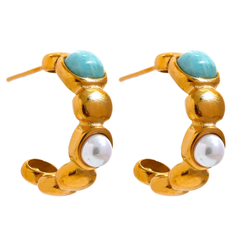 JINYOU 1970 Natural Stone Artificial Pearls Stainless Steel C Shape Earrings Stylish Gold Color Chic Vintage Jewelry Bijoux Wome