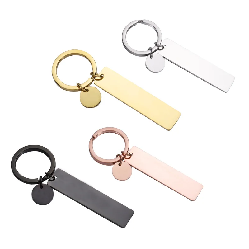

2022 Wholesale Gold Stainless Steel Keychain with Long Rectangle Strip and Circle Disco Customized Keychain