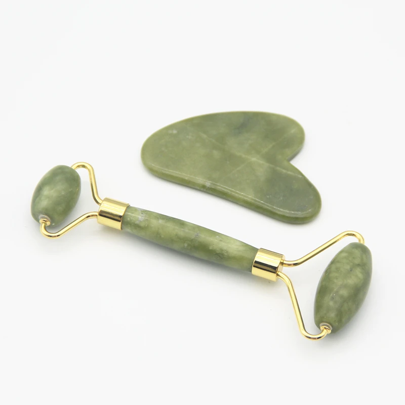 

Hot Sale Jade Face Roller Massage Natural Jade Roller and Gua Sha Set Green with Box
