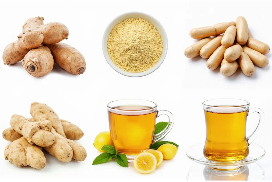 Various forms of ginger including fresh root, powder, capsules, and tea for different health applications